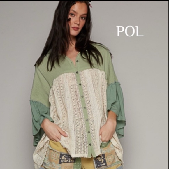 POL top frayed edge crochet Shacket long sleeves button down NWT Boutique - Picture 11 of 11